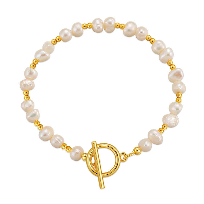 Elegant Retro Star Stainless Steel Freshwater Pearl 18K Gold Plated Bracelet