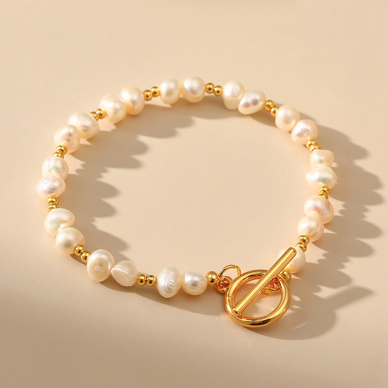 Elegant Retro Star Stainless Steel Freshwater Pearl 18K Gold Plated Bracelet