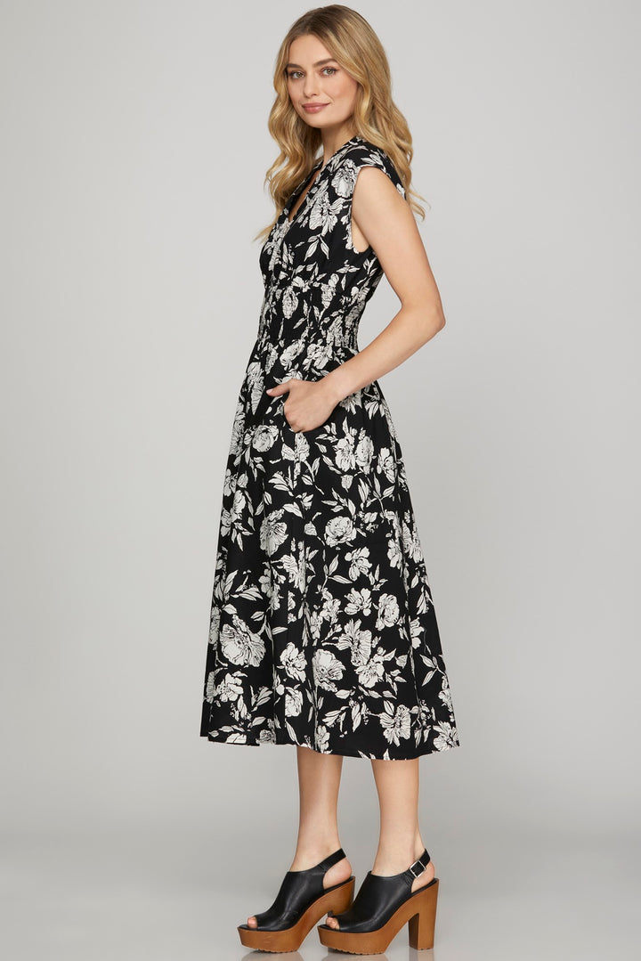 Drop Shoulder Zip Up Printed Midi Dress