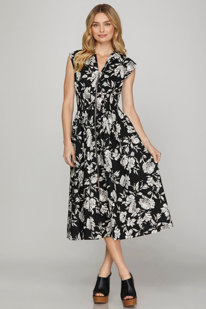 Drop Shoulder Zip Up Printed Midi Dress