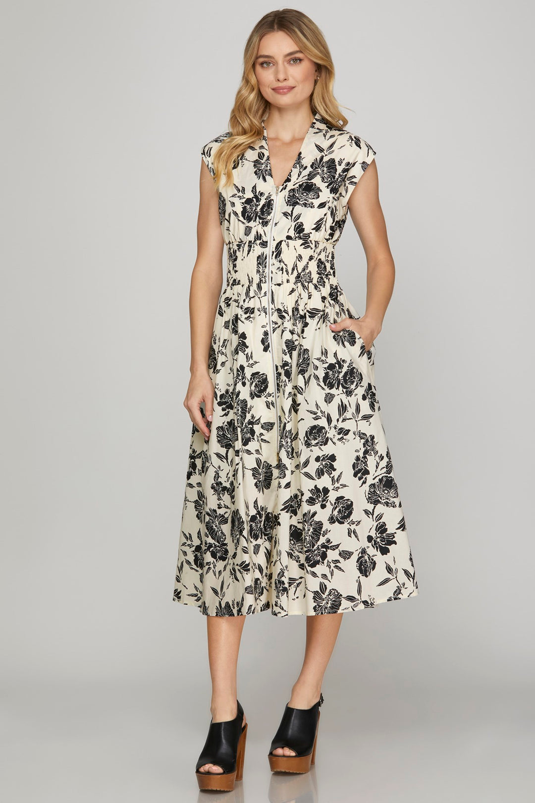 Drop Shoulder Zip Up Printed Midi Dress