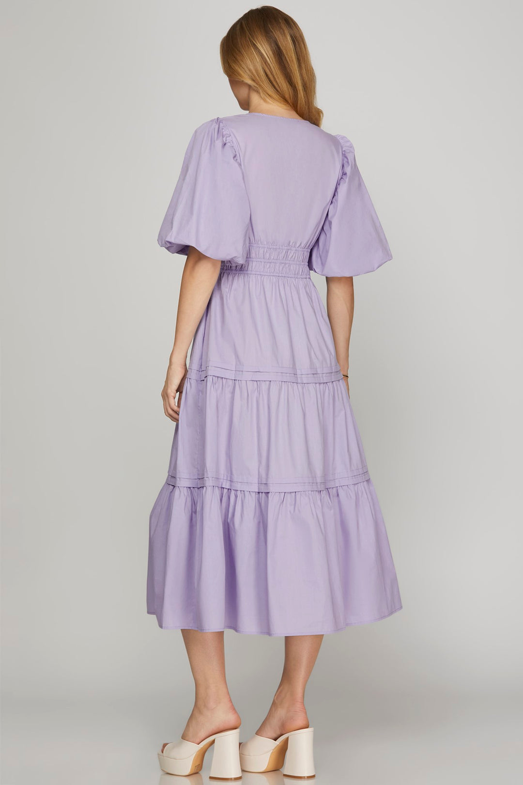 Baloon Sleeve Poplin Woven Midi Dress