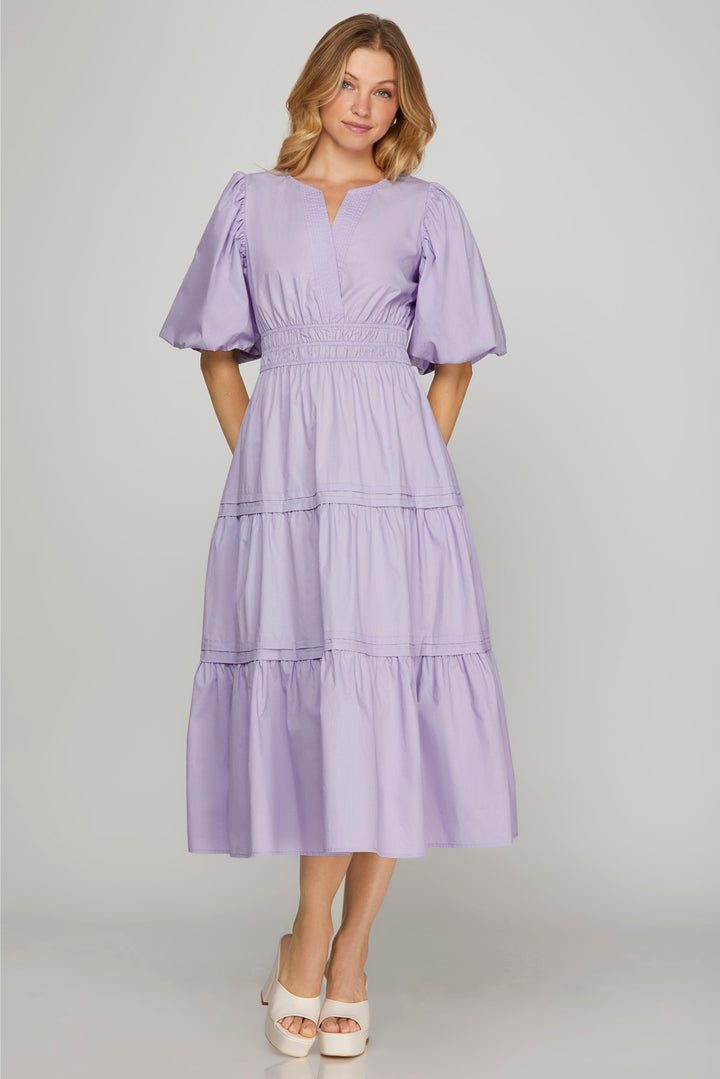 Baloon Sleeve Poplin Woven Midi Dress