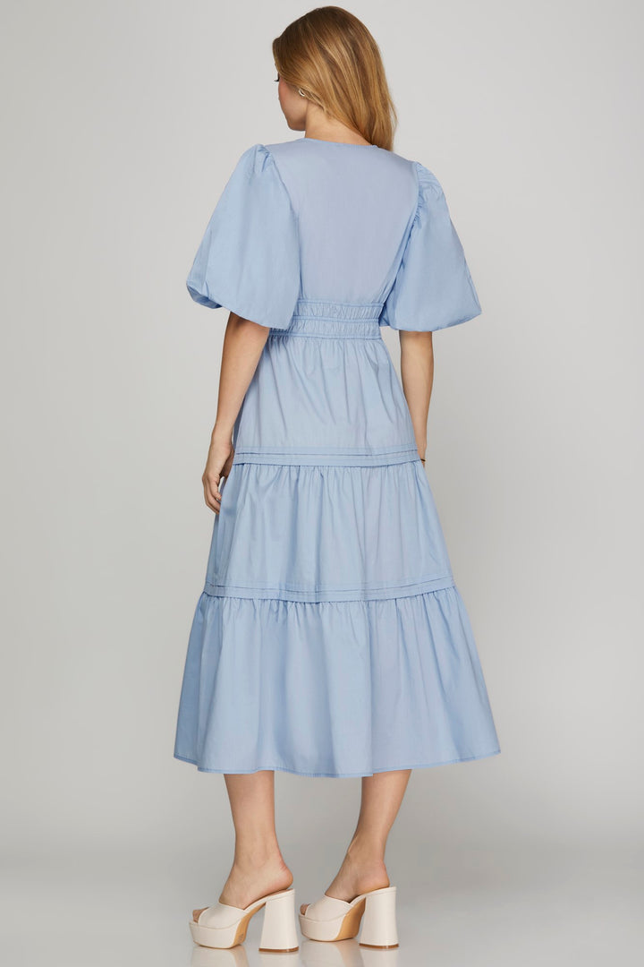 Baloon Sleeve Poplin Woven Midi Dress