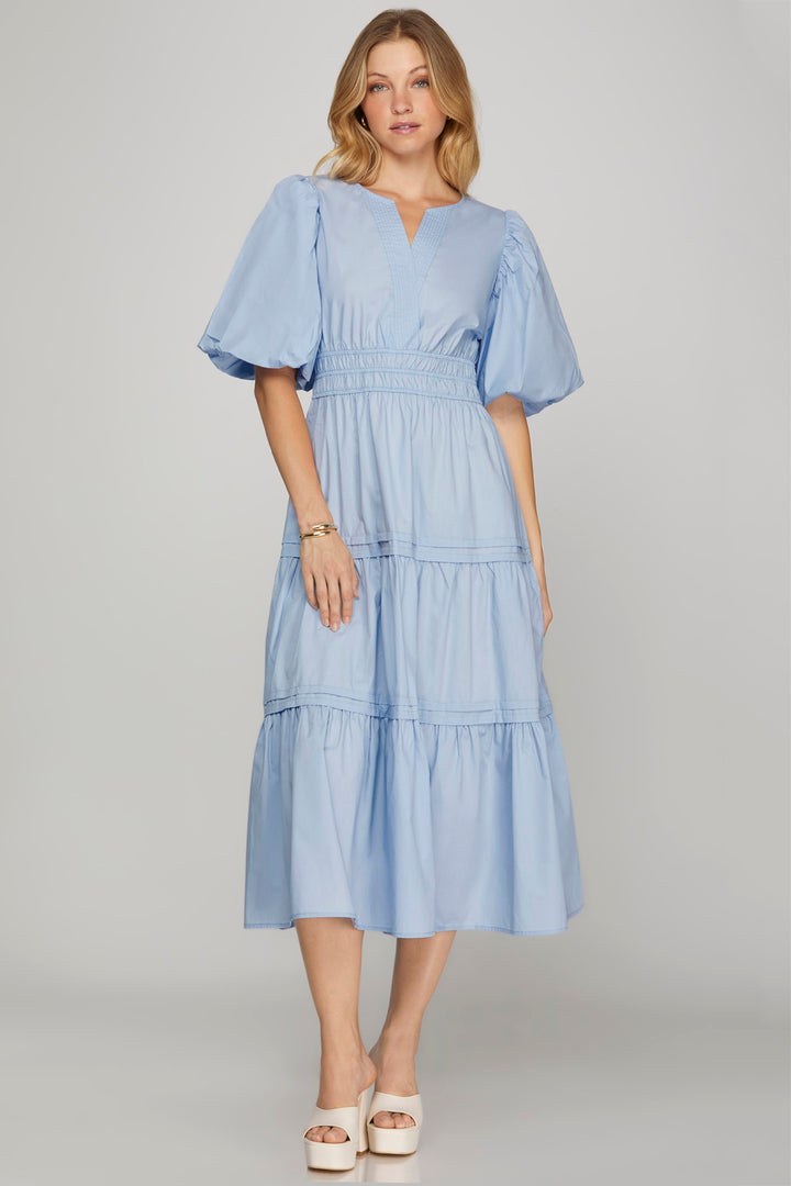 Baloon Sleeve Poplin Woven Midi Dress