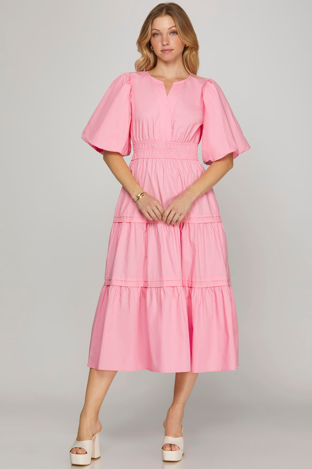 Baloon Sleeve Poplin Woven Midi Dress