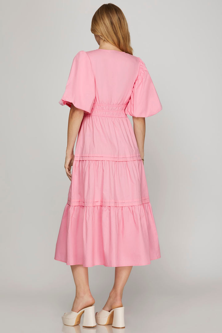 Baloon Sleeve Poplin Woven Midi Dress