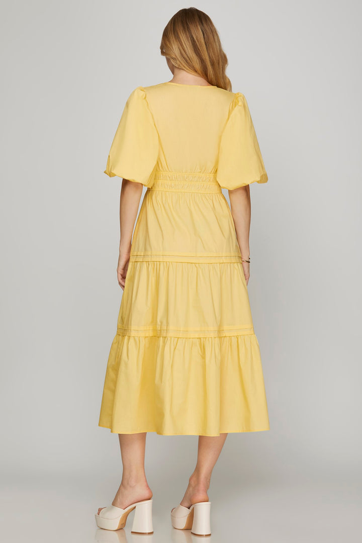 Baloon Sleeve Poplin Woven Midi Dress