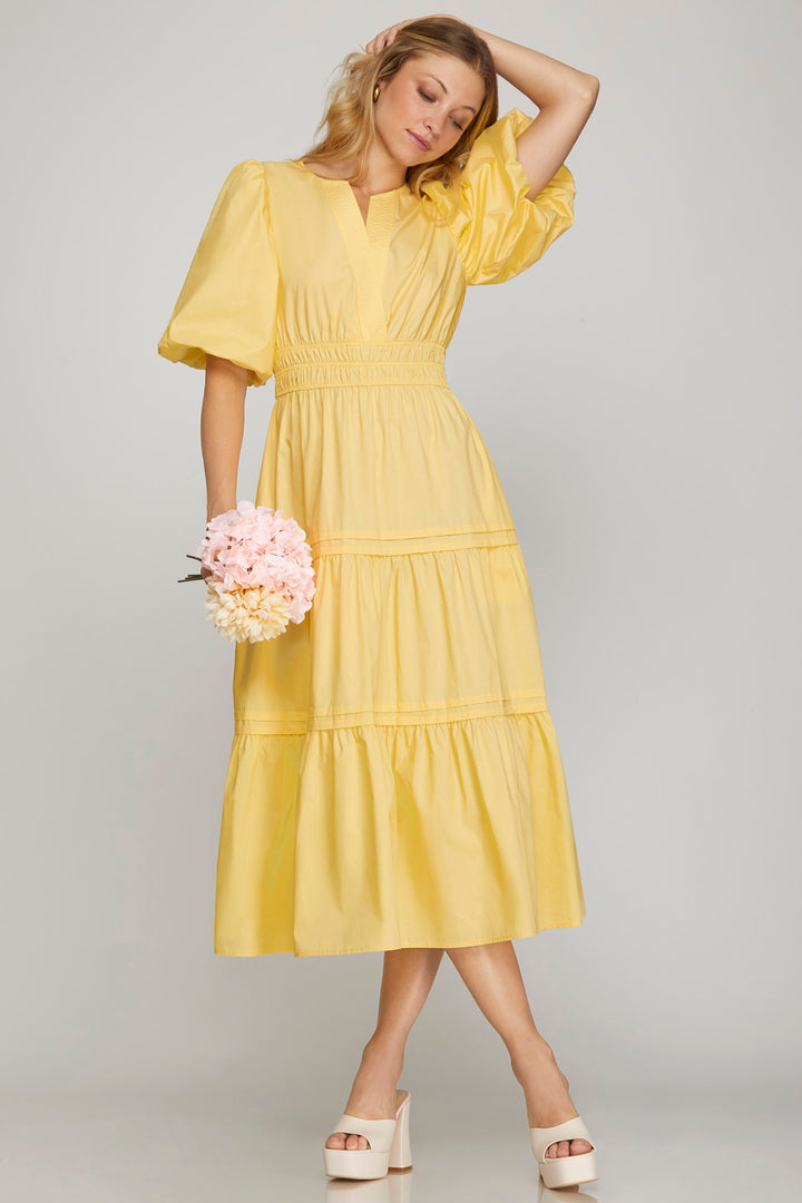 Baloon Sleeve Poplin Woven Midi Dress