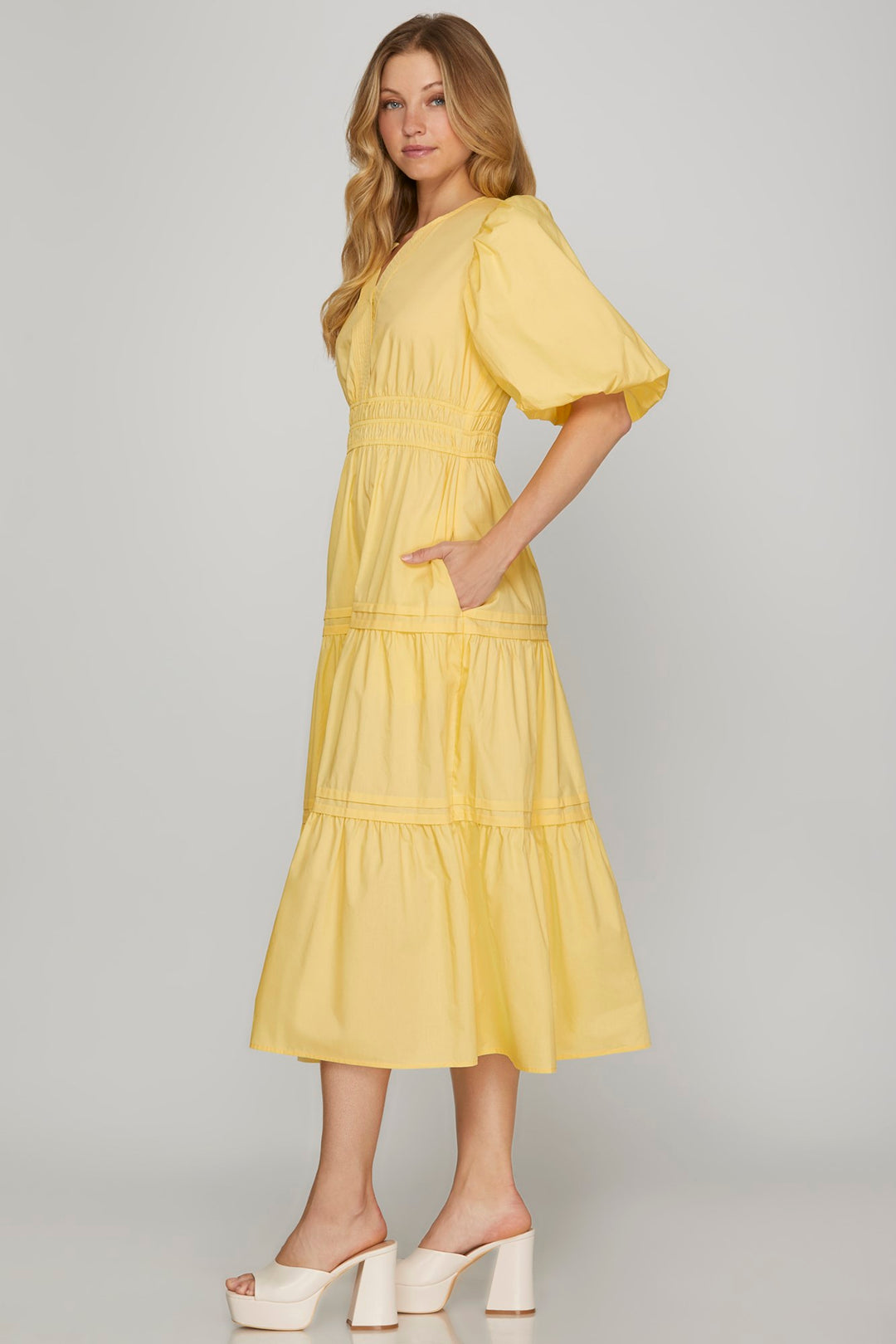 Baloon Sleeve Poplin Woven Midi Dress