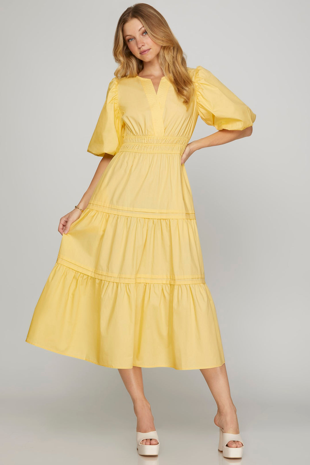 Baloon Sleeve Poplin Woven Midi Dress