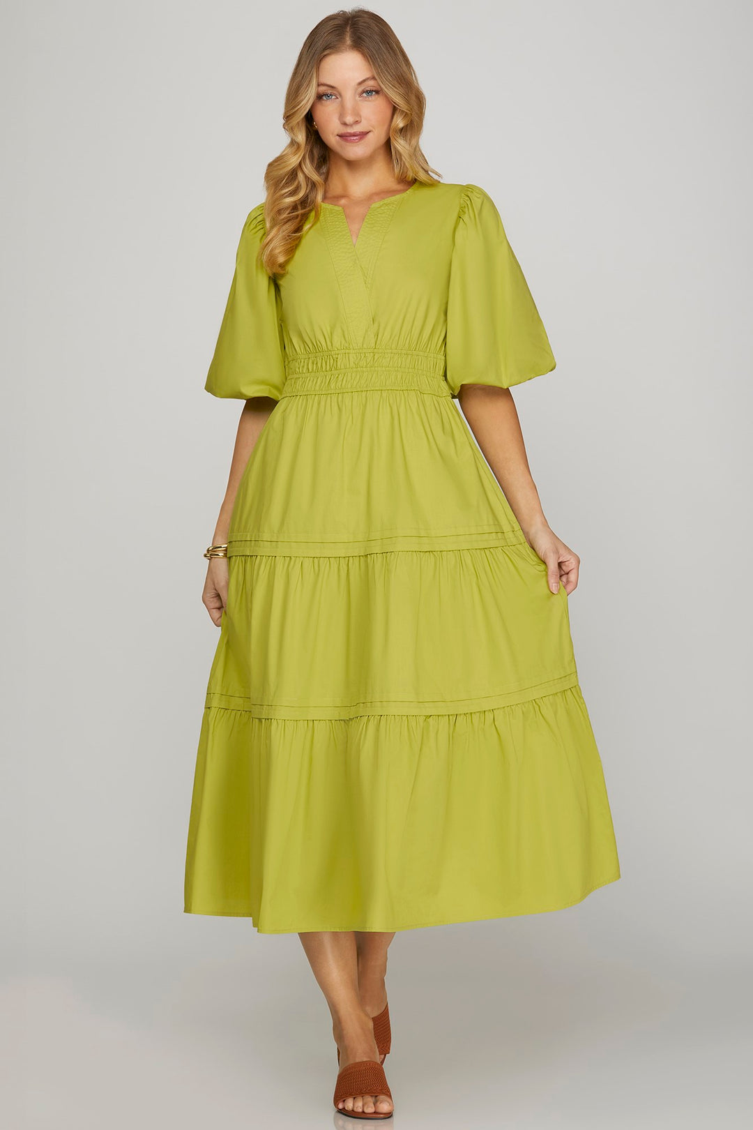 BALLOON HALF-SLEEVE POPLIN WOVEN MIDI DRESS