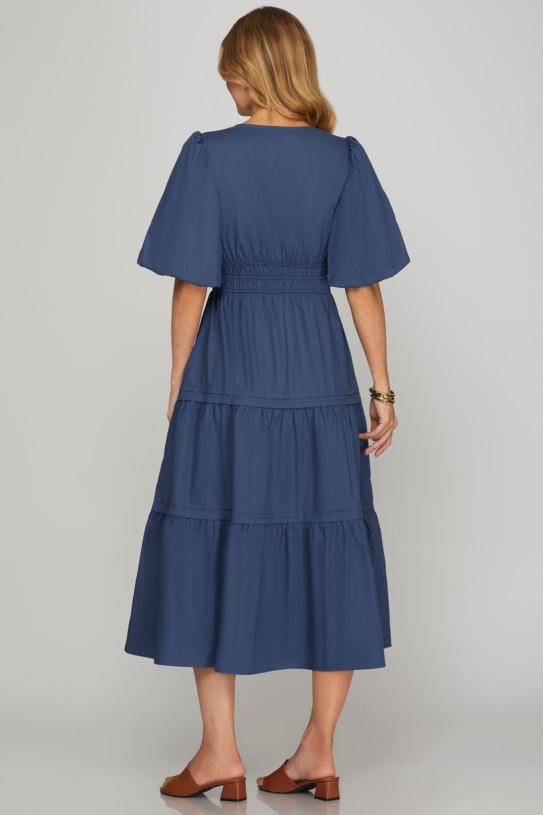 BALLOON HALF-SLEEVE POPLIN WOVEN MIDI DRESS