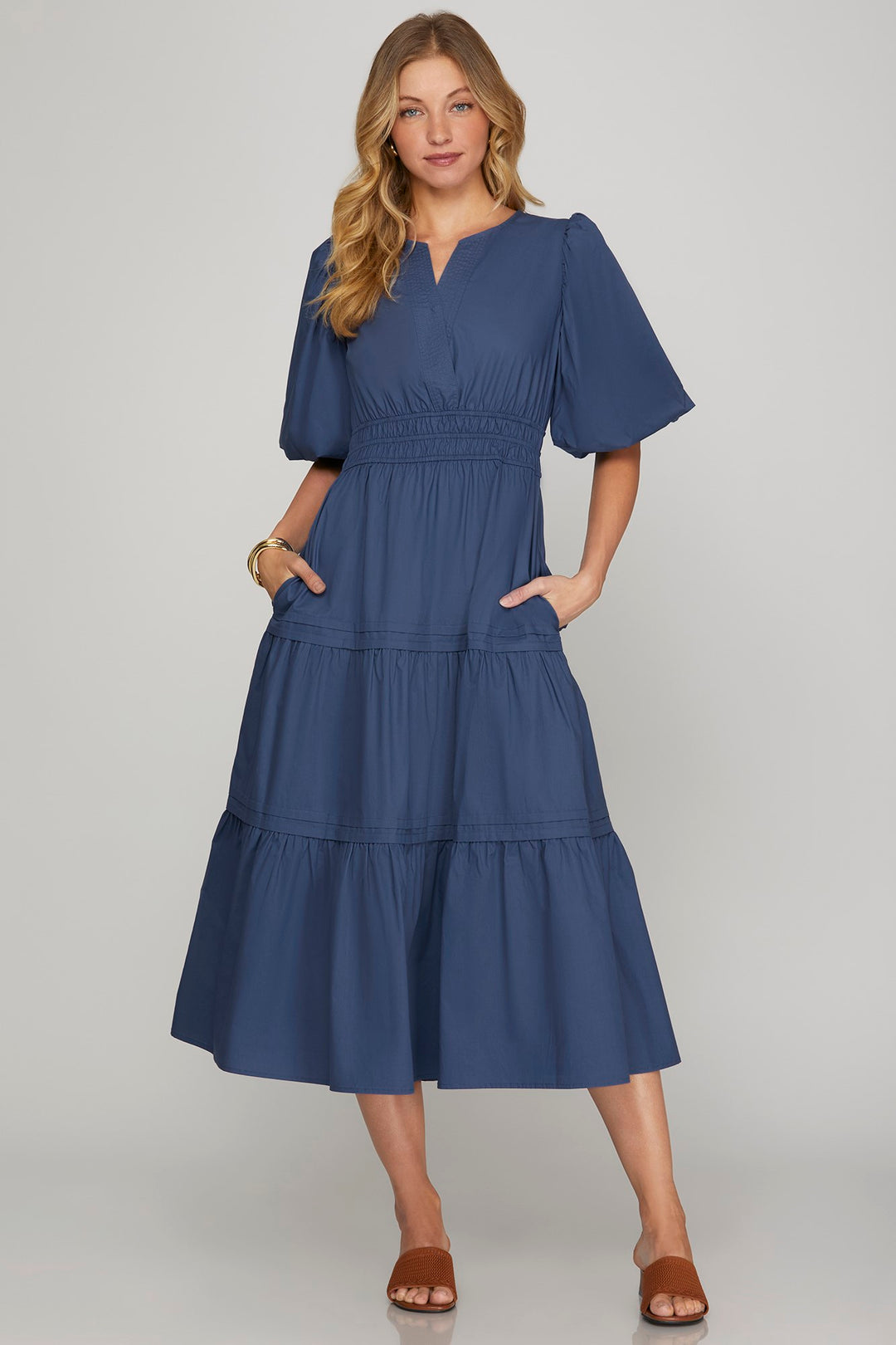 BALLOON HALF-SLEEVE POPLIN WOVEN MIDI DRESS