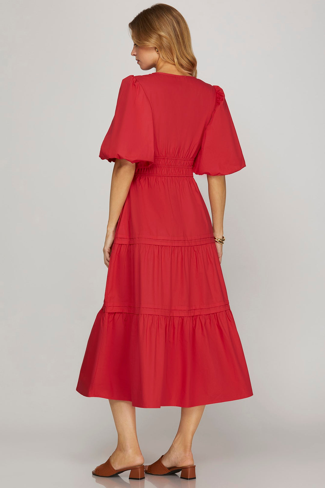 BALLOON HALF-SLEEVE POPLIN WOVEN MIDI DRESS