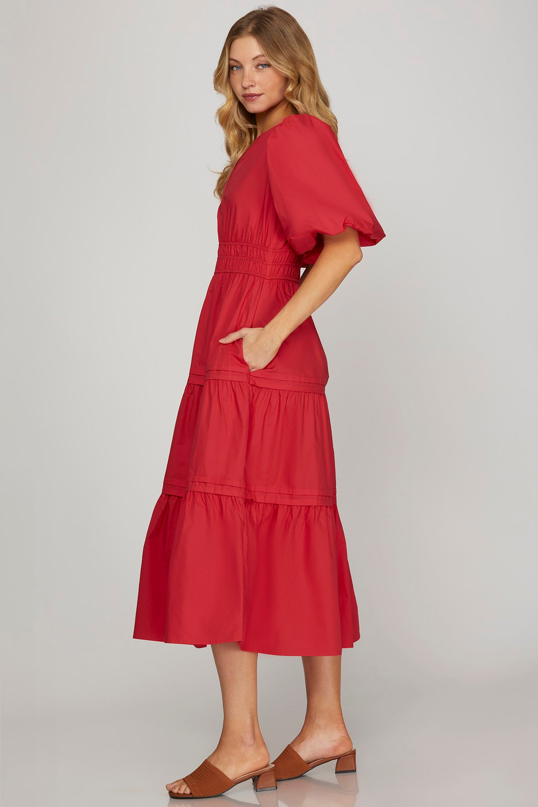 BALLOON HALF-SLEEVE POPLIN WOVEN MIDI DRESS