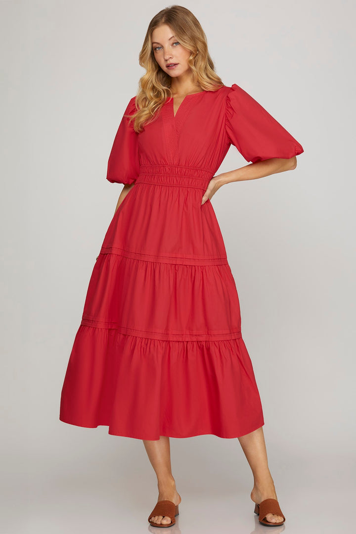 BALLOON HALF-SLEEVE POPLIN WOVEN MIDI DRESS