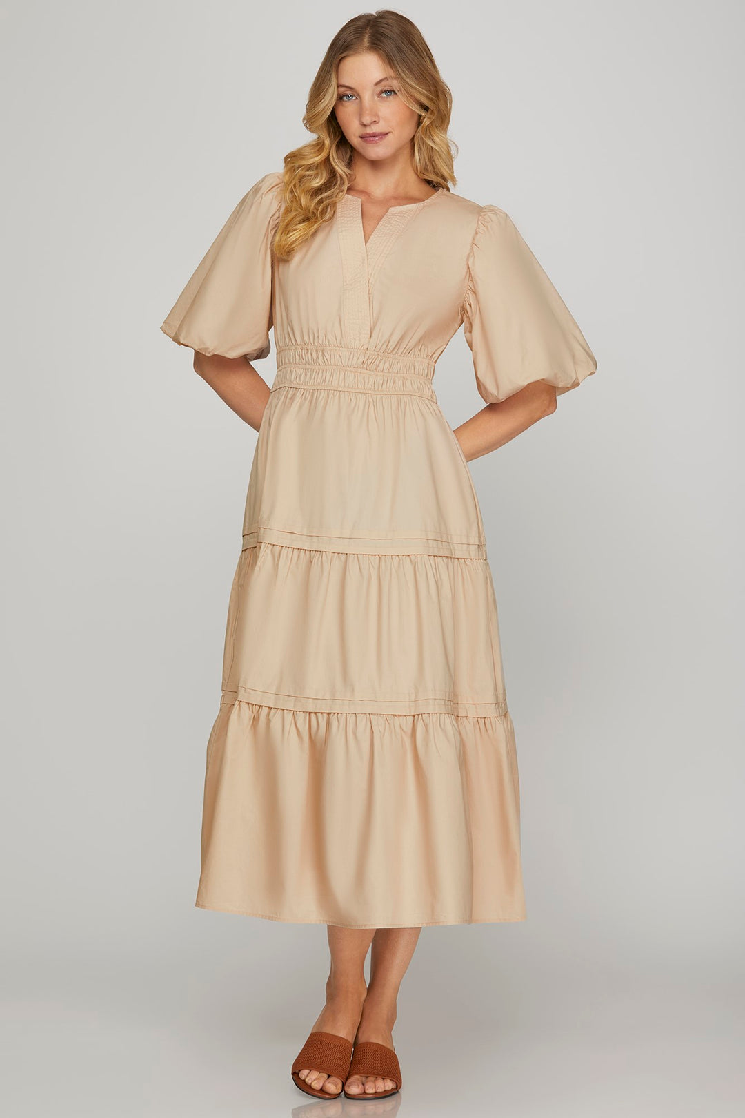 BALLOON HALF-SLEEVE POPLIN WOVEN MIDI DRESS