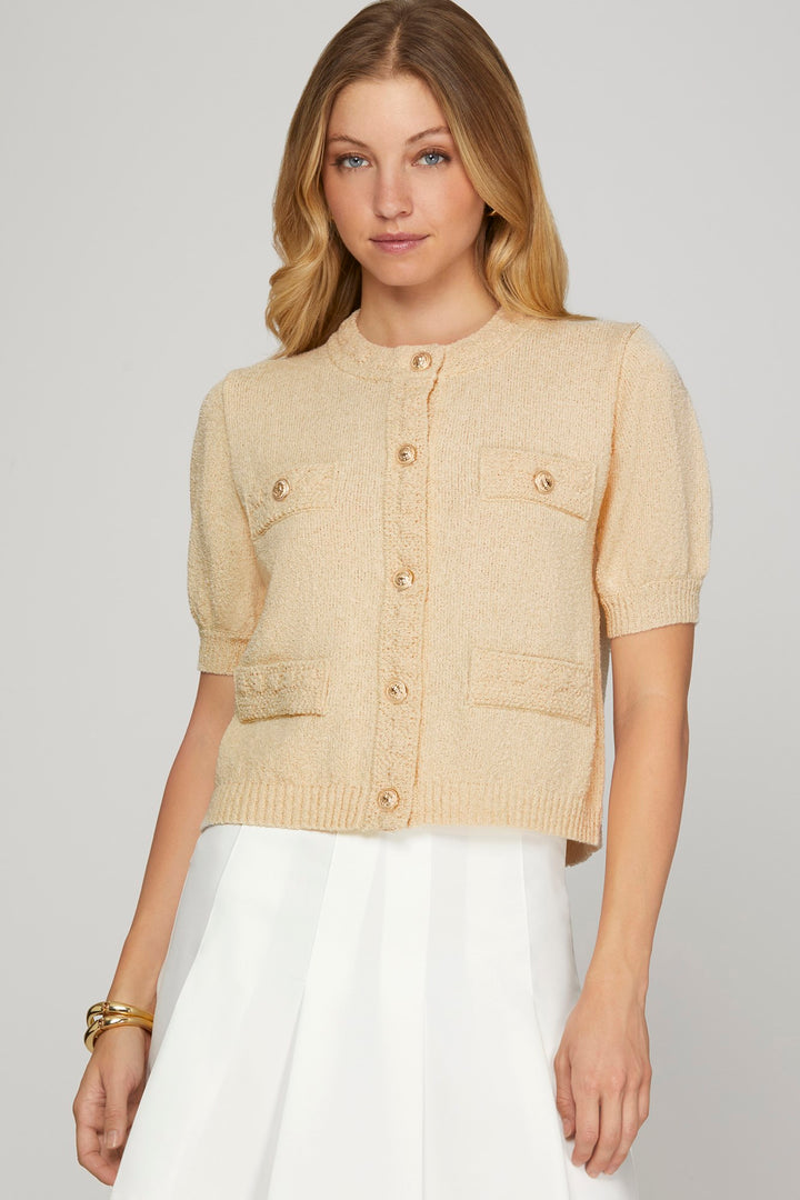 Puff sleeve button up sweater jacket with faux pockets