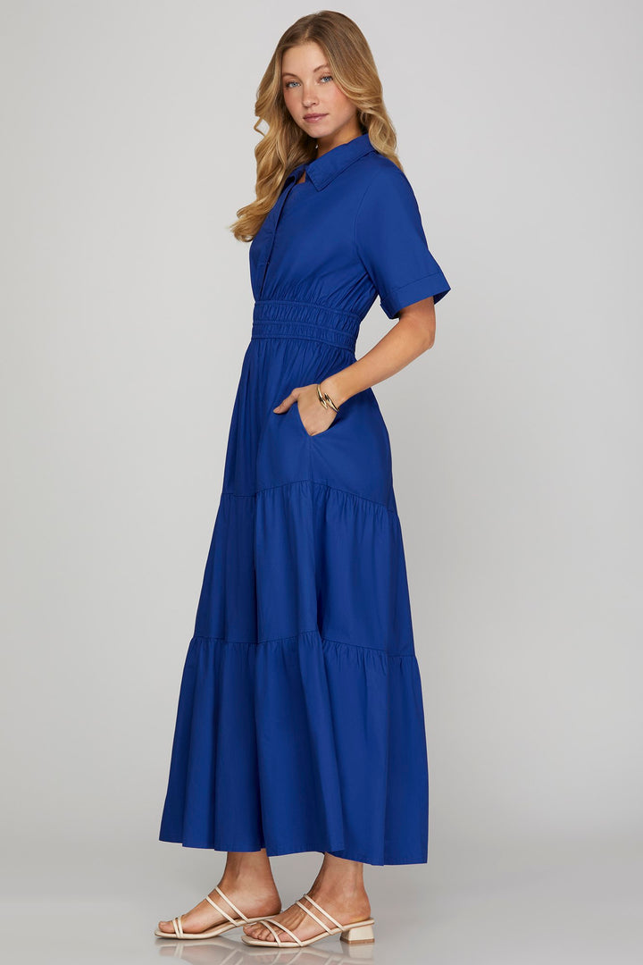 Half Sleeve Tiered Shirt Maxi Dress