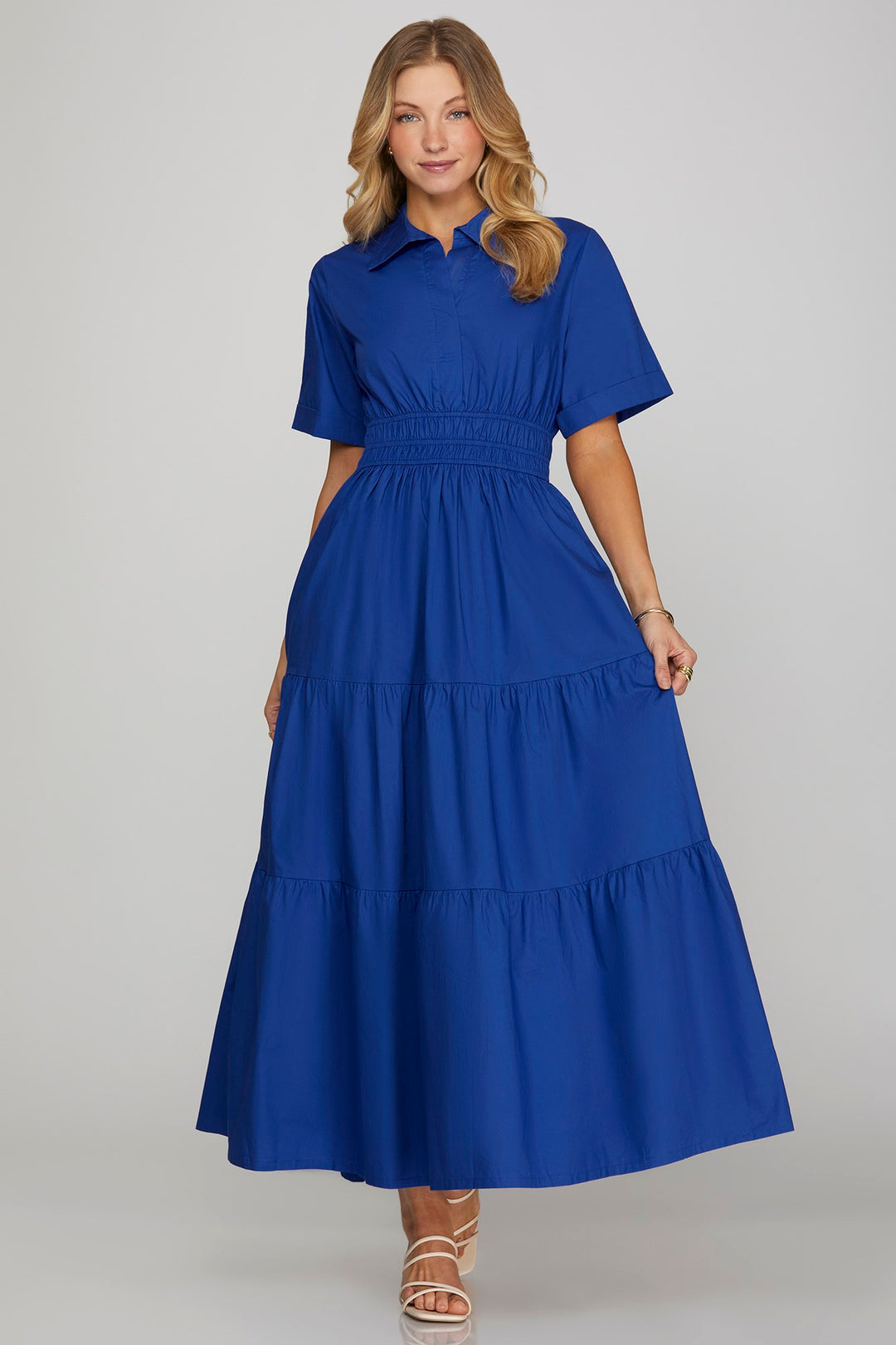 Half Sleeve Tiered Shirt Maxi Dress