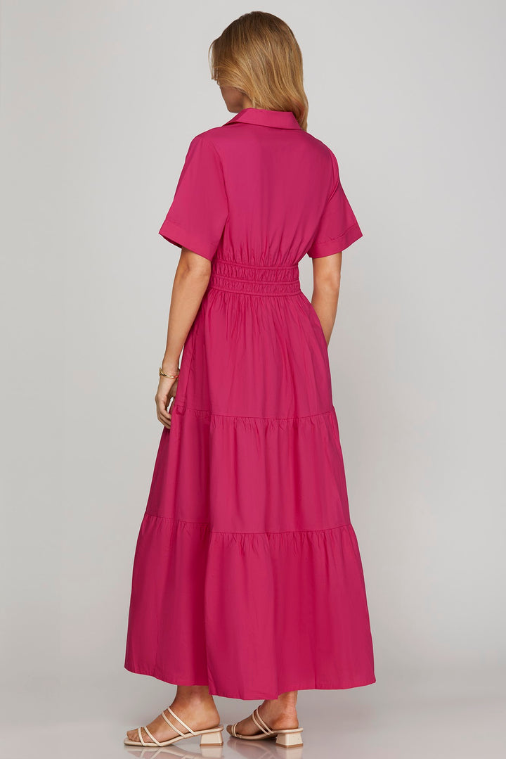 Half Sleeve Tiered Shirt Maxi Dress