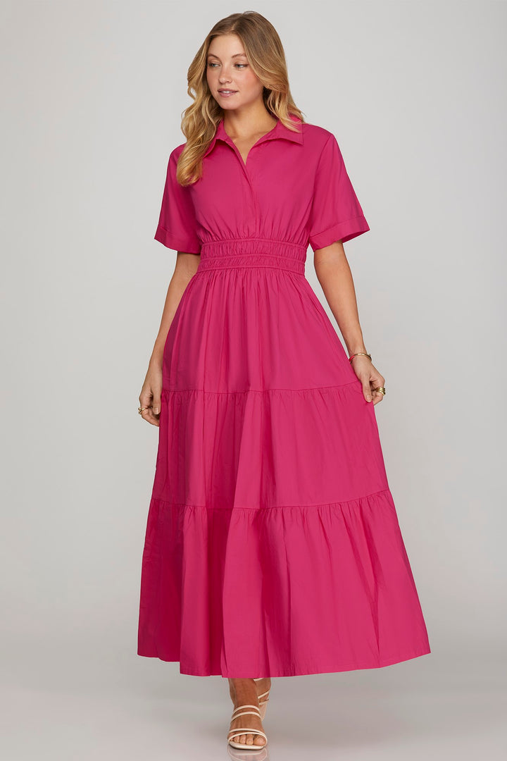 Half Sleeve Tiered Shirt Maxi Dress