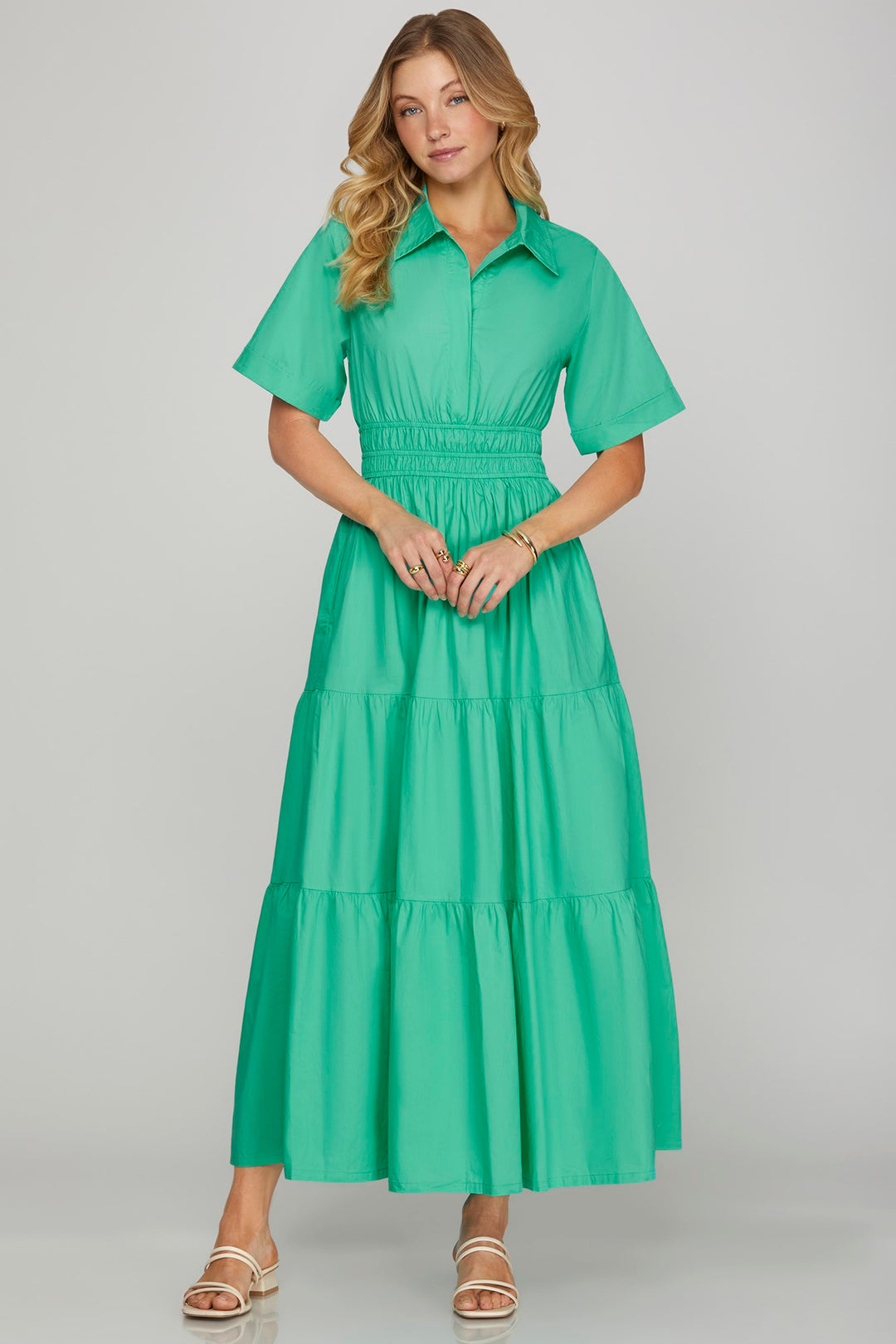 Half Sleeve Tiered Shirt Maxi Dress