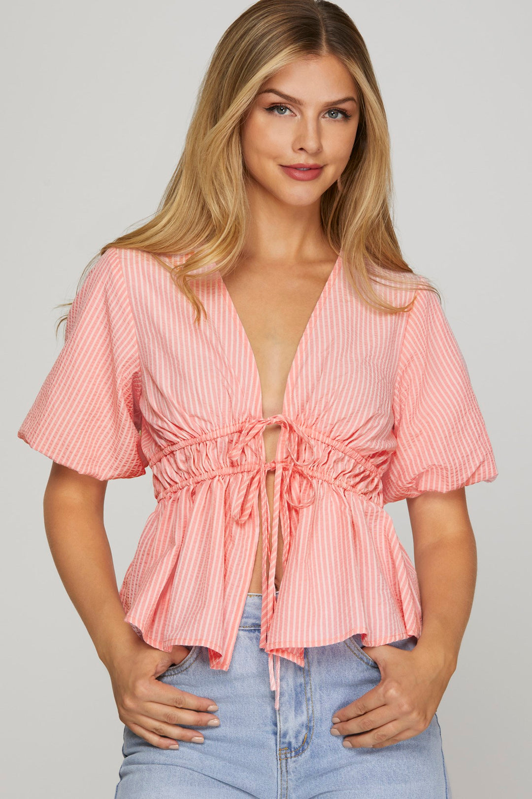 Puff Sleeve Front Tie Striped Top