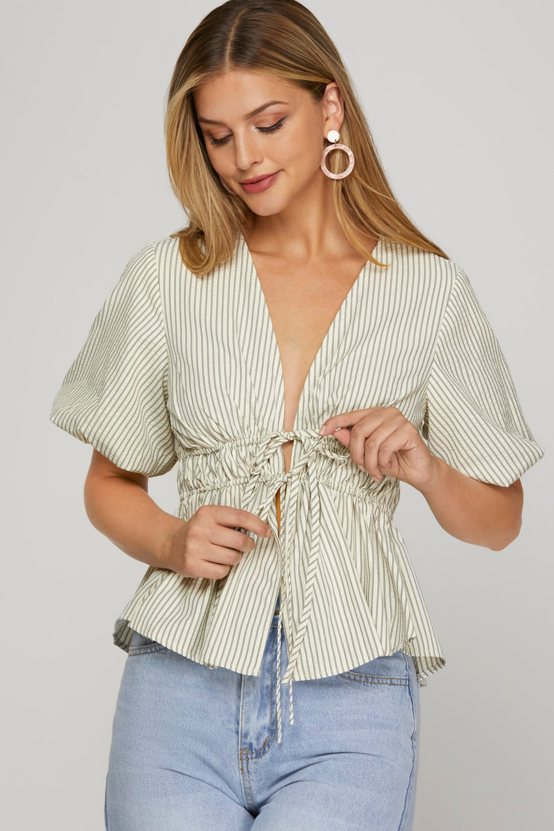 Puff Sleeve Front Tie Striped Top