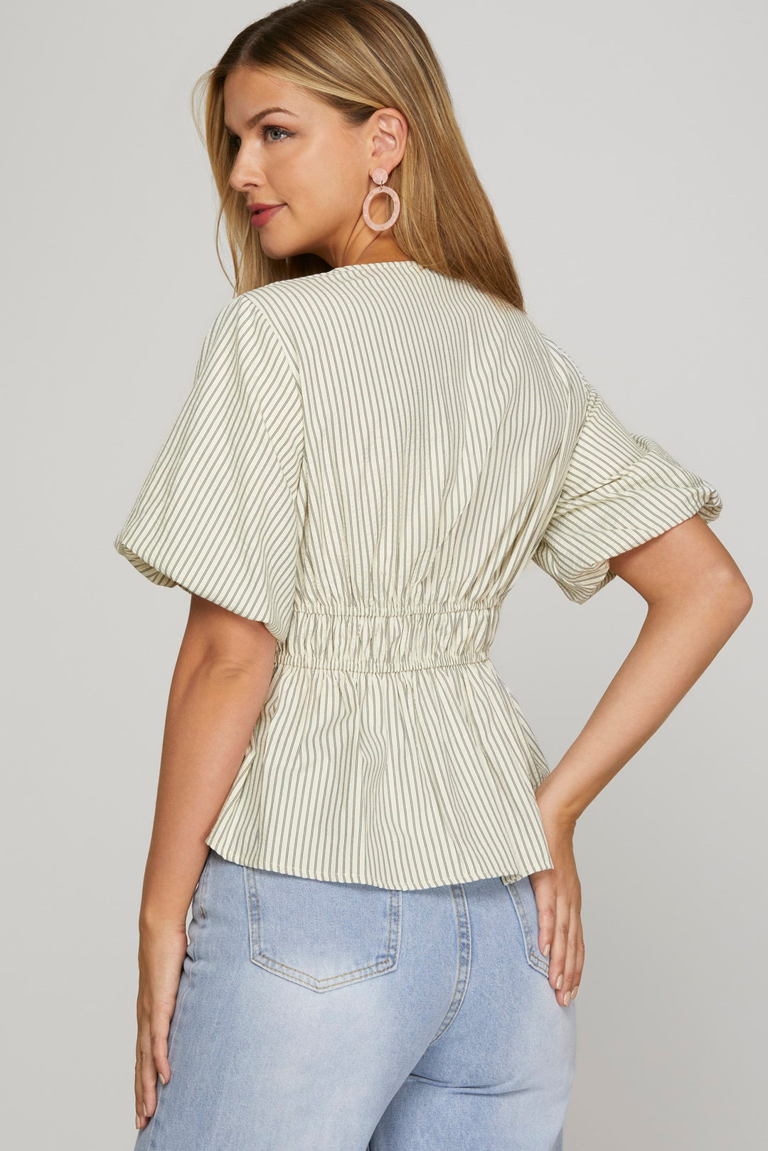 Puff Sleeve Front Tie Striped Top