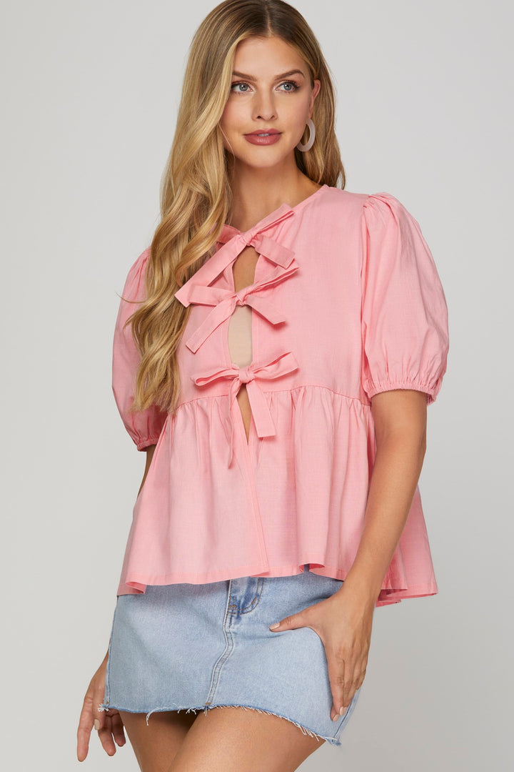 Woven blouse top with front bow tie