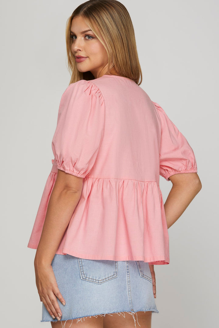 Woven blouse top with front bow tie