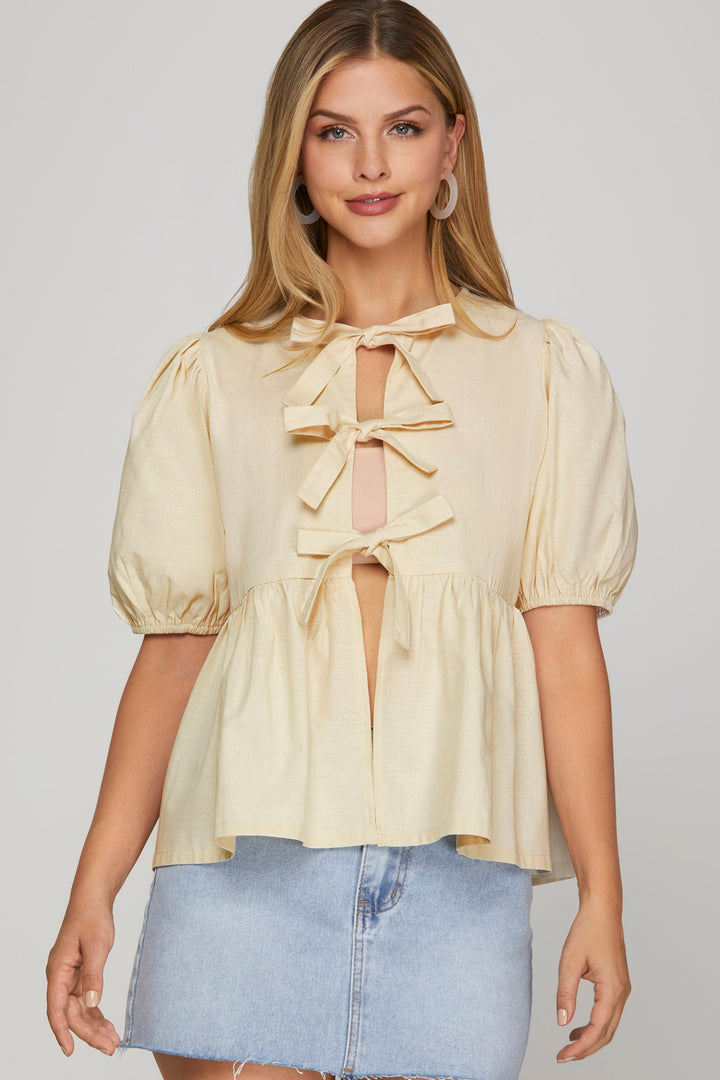 Woven blouse top with front bow tie