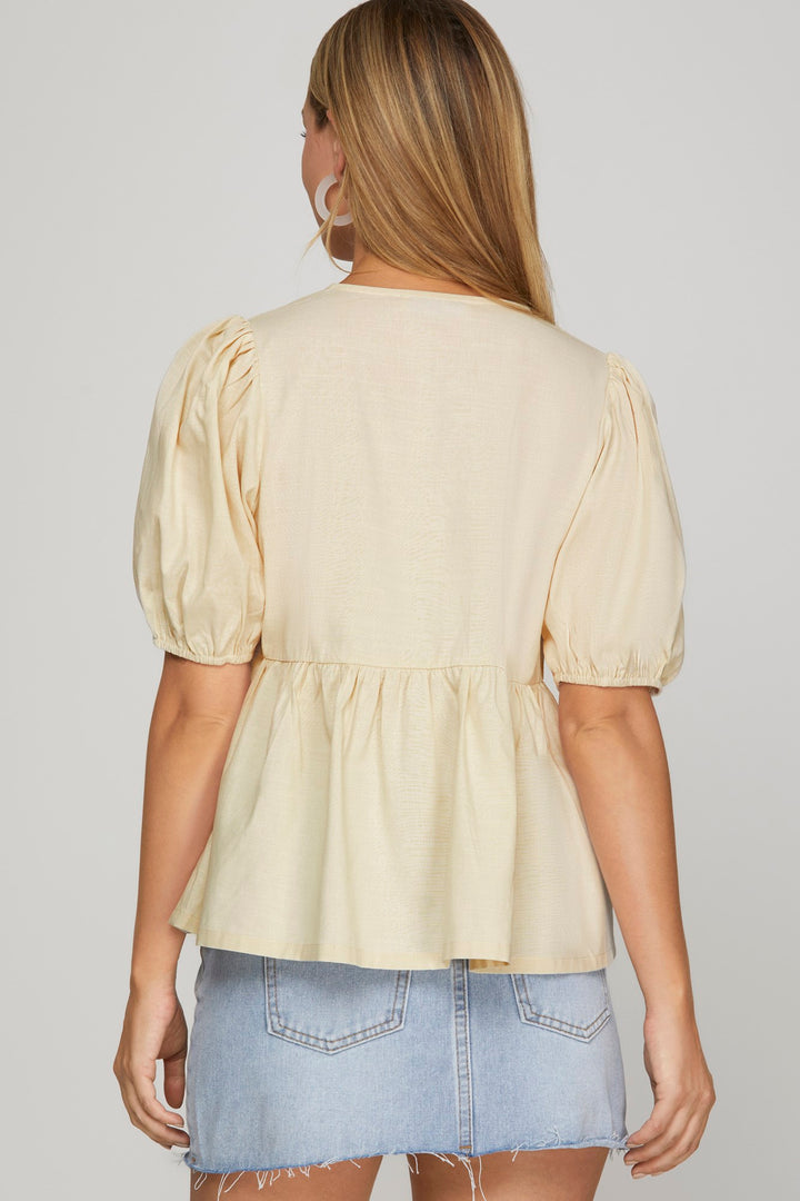 Woven blouse top with front bow tie