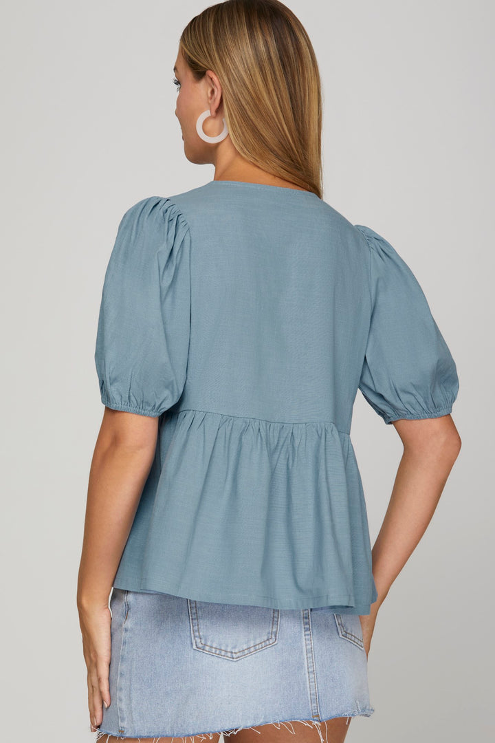 Woven blouse top with front bow tie