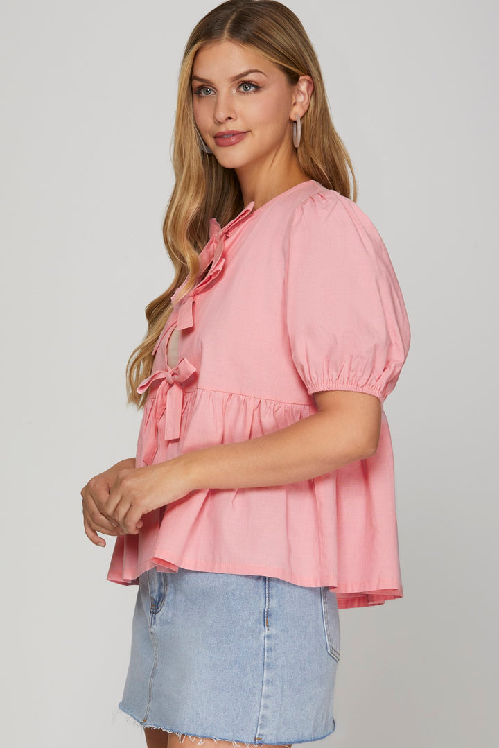 Woven blouse top with front bow tie