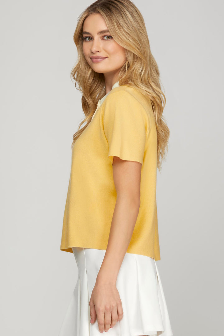 Contrast Collar Short Sleeve Sweater Top