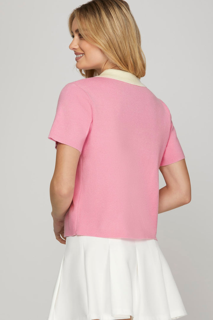 Contrast Collar Short Sleeve Sweater Top