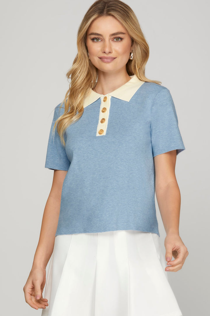 Contrast Collar Short Sleeve Sweater Top