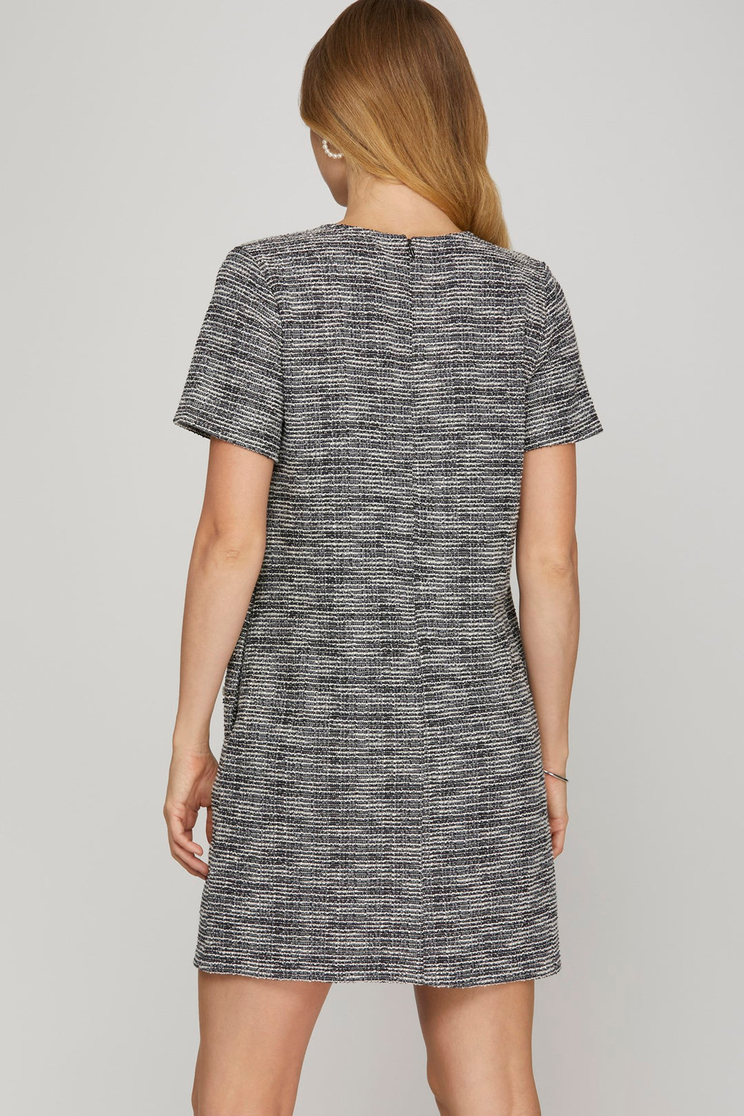 Short sleeve pearl studded trim knit tweed dress