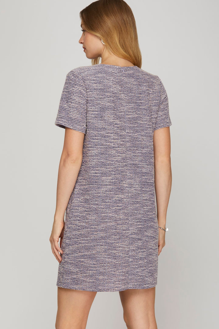 Short sleeve pearl studded trim knit tweed dress