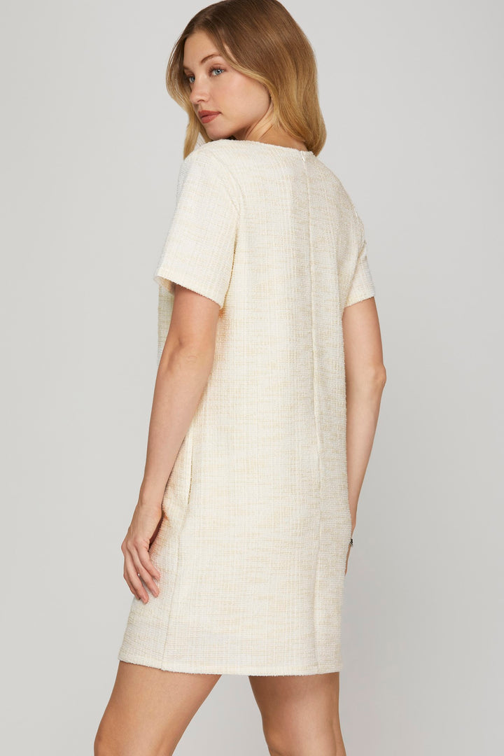 Short sleeve pearl studded trim knit tweed dress