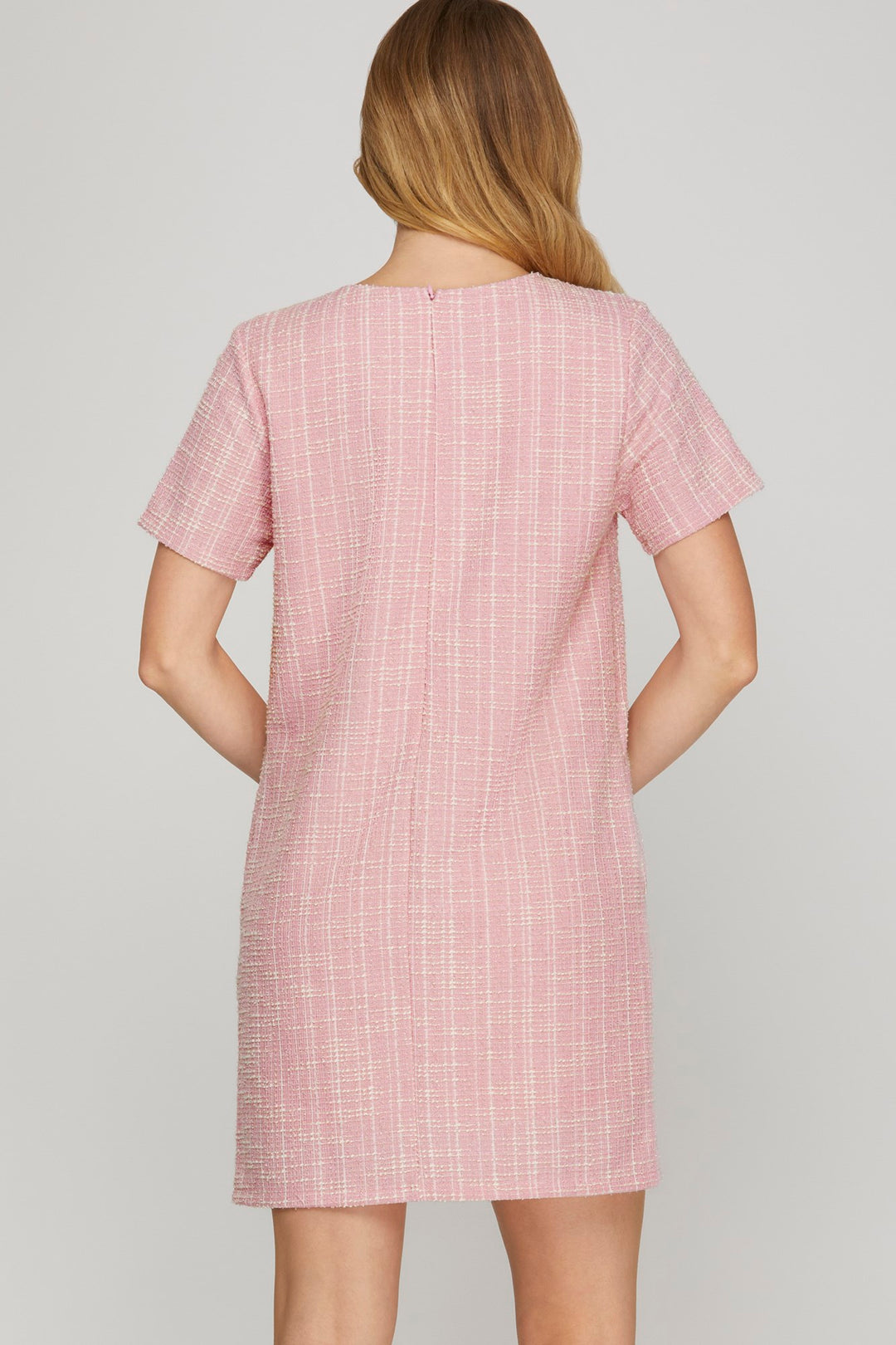 Short sleeve pearl studded trim knit tweed dress