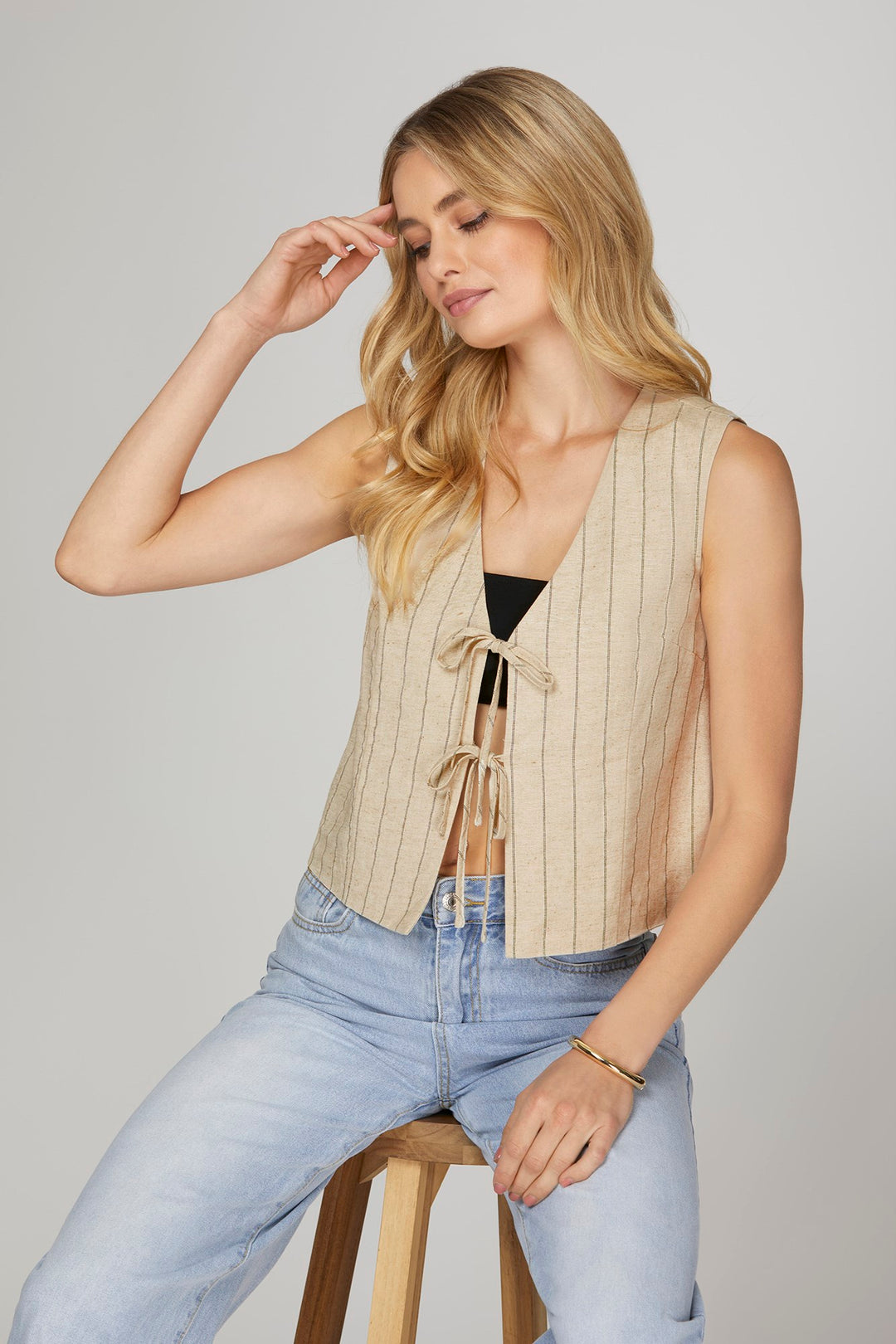 Woven striped vest with front tie