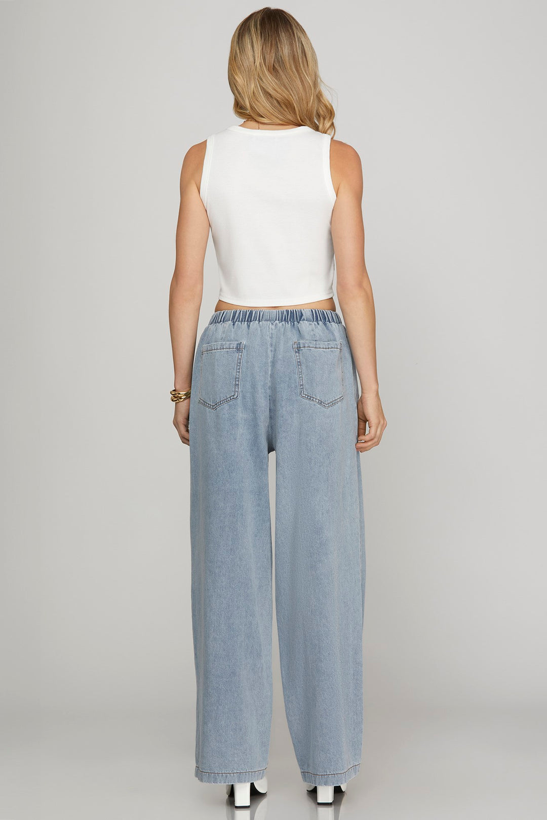 Elastic Waist Washed Denim Pants