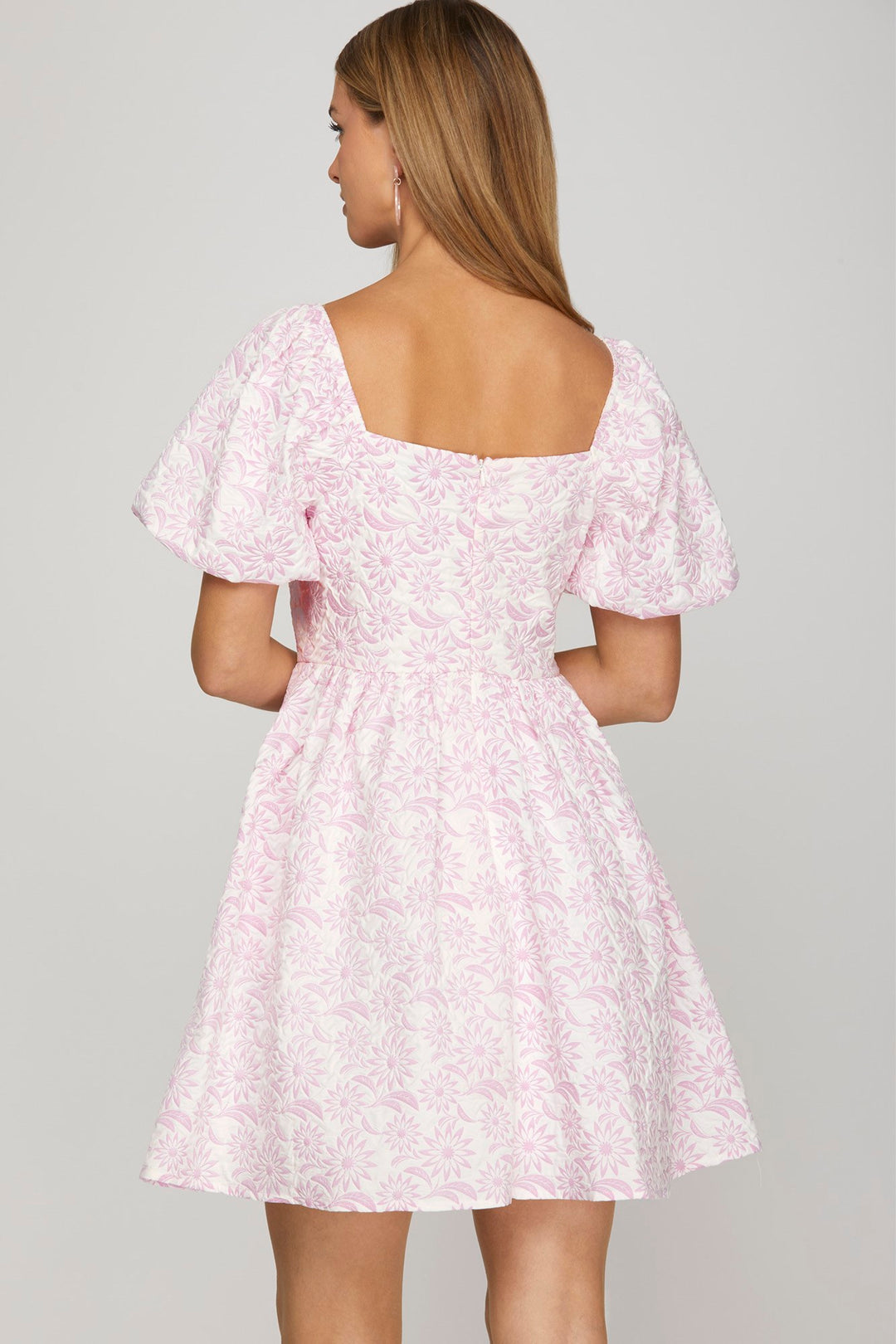 Puff sleeve baby doll jacquard dress