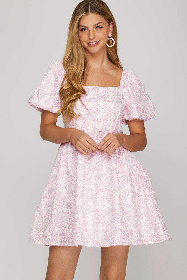 Puff sleeve baby doll jacquard dress