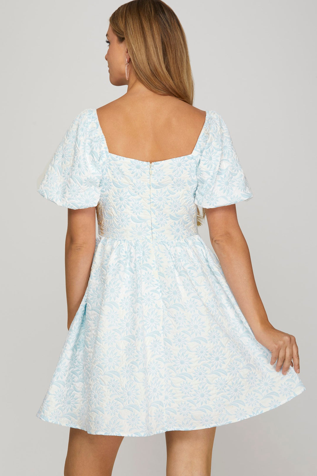 Puff sleeve baby doll jacquard dress