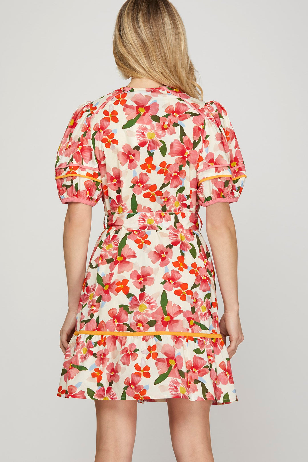 Puff short sleeve woven print waist tie dress